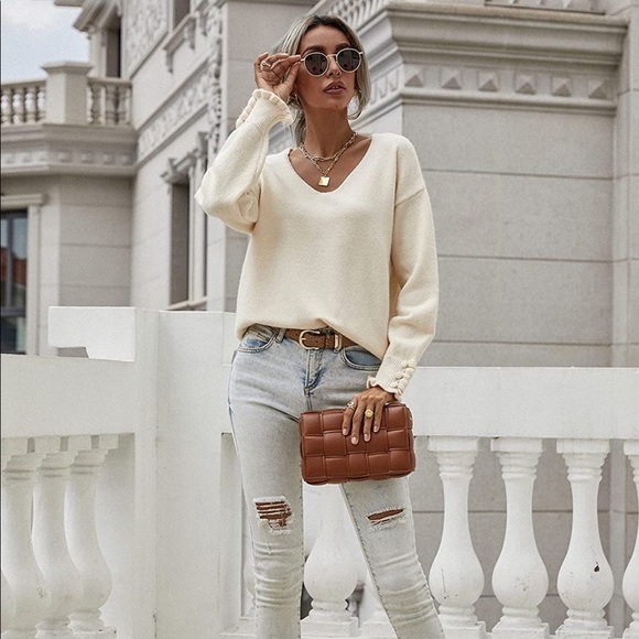 Cream V-neck Button Cuff Sweater - Picture 5 of 6